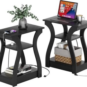 Set of 2 End Tables with Charging Station Black