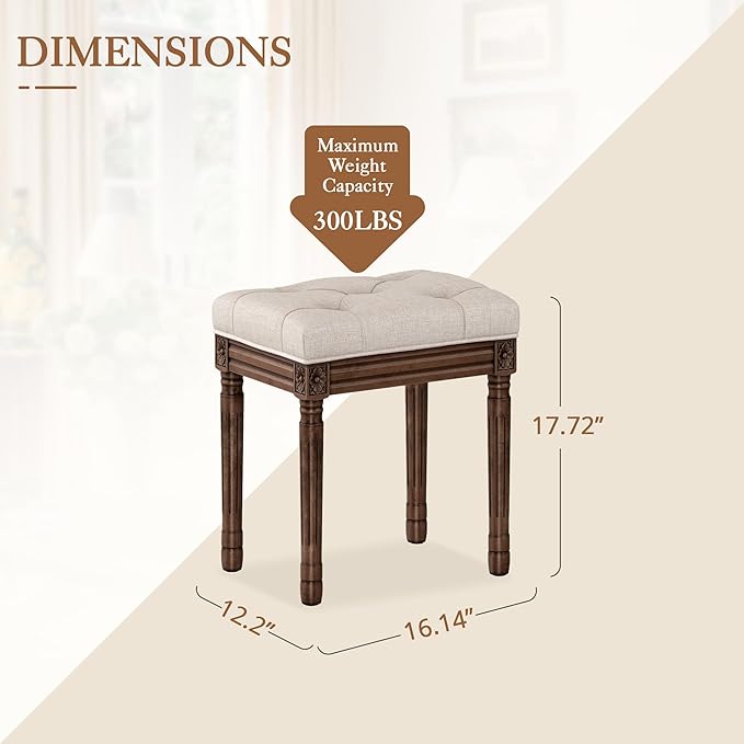 pholstered Fabric Vanity Bench Seat, Makeup Stools for Vanity, Square Tufted Ottoman Bench with Carved Dark Brown Legs for Bedroom Living Room, Linen Color - Image 2