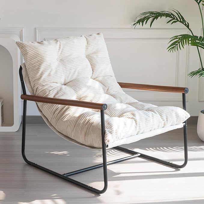 Modern Accent Chair, Comfy Living Room Chair with Metal Frame | Accent Chair Upholstered Armchair with Soft Cushion for Bedroom Balcony Lounge Reading Room, Beige