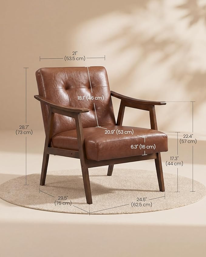 Accent Chair, PU Leather Armchair, Button Tufted Living Room Chair, Thick Cushion, Mid Century Modern Lounge Seating for Bedroom, Reading Nook, Home Office, Brown - Image 2