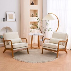 home Mid-Century Accent Reading Chairs Set of 2, Beige | Linen Upholstered, Solid Wood Frame, Soft Cushion, Lumbar Pillow, Lounge Armchair for Living Room, Bedroom, Balcony, Study
