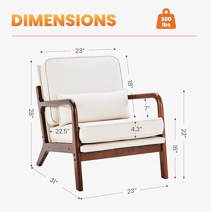 Mid Century Modern Accent Chair, Armchair with Lumbar Pillow and Waist Cushion, Solid Wood Frame Lounge Chair for Living Room, Bedroom, Reading Nook, Small Apartment Corner, Ivory White - Image 2