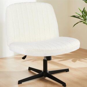 Criss Cross Armless Office Chair, Furry Swivel Vanity Chair, Adjustable Height Wide Seat, No Wheels, Teddy Beige Desk Chair for Home & Bedroom