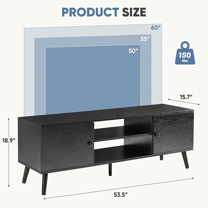 Modern TV Stand for 55 & 60 Inch TVs, Mid Century Entertainment Center with 2 Storage Cabinets, Wooden Media Console Table for Living Room & Bedroom, Black - Image 3