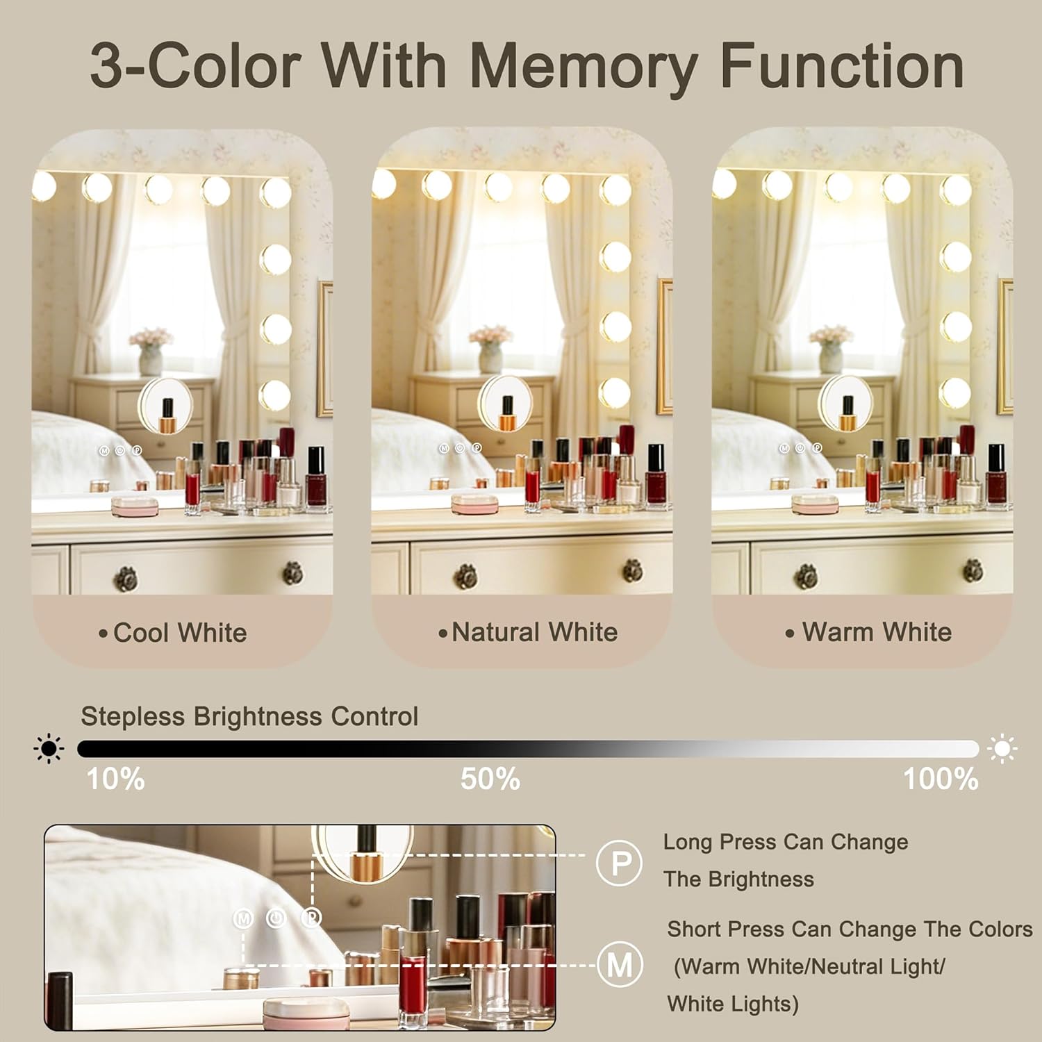 Ratsamee Hollywood Vanity Mirror with Lights, 23" x 18", 15 Dimmable Bulbs, 3 Color Lights, Make Up Lighted Mirror, USB Charging Port, Gifts for Women Wife Teengirls White - Image 3