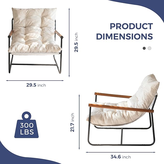 Modern Accent Chair, Comfy Living Room Chair with Metal Frame | Accent Chair Upholstered Armchair with Soft Cushion for Bedroom Balcony Lounge Reading Room, Beige - Image 3