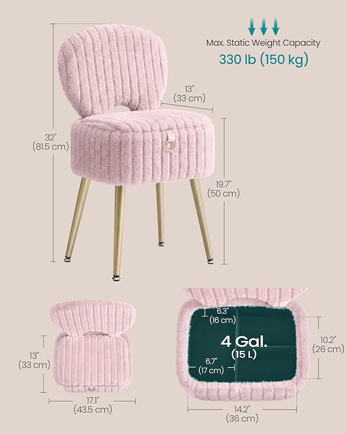 Small Vanity Chair with Storage & Folding Back, Faux Fur Makeup Stool, Padded Ottoman Footrest, Dressing Table Chair for Bedroom & Vanity Room, Jelly Pink - Image 2