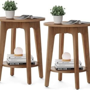 Set of 2 Round Side Tables Honey Brown
