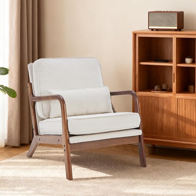 Mid Century Modern Accent Chair, Armchair with Lumbar Pillow and Waist Cushion, Solid Wood Frame Lounge Chair for Living Room, Bedroom, Reading Nook, Small Apartment Corner, Ivory White