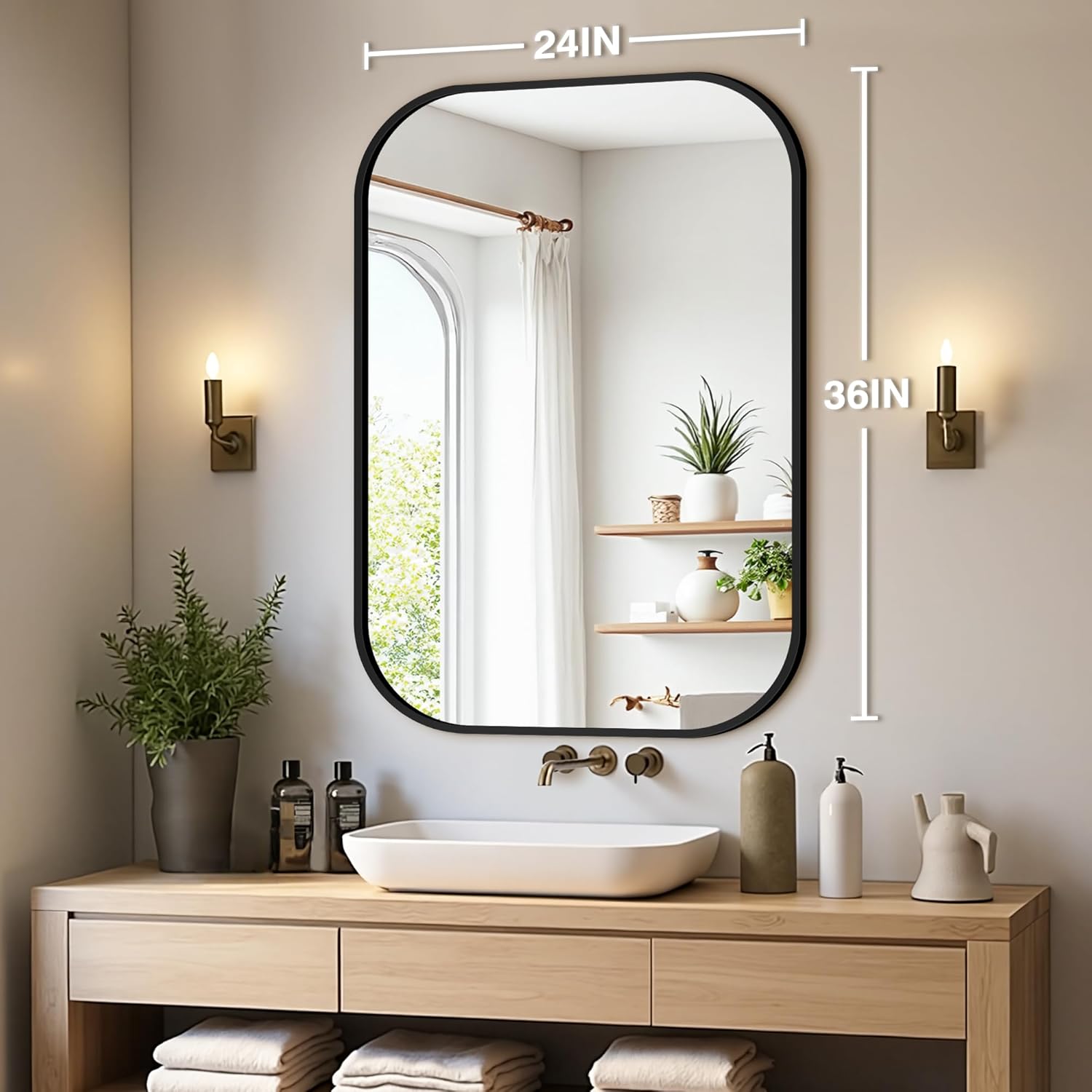24" x 36" Bathroom Vanity Mirror for Wall, Black | Metal Framed, HD Tempered Glass, Rounded Rectangle Shape, for Over Sink, Bedroom, Entryway, Living Room, Vertical/Horizontal - Image 2