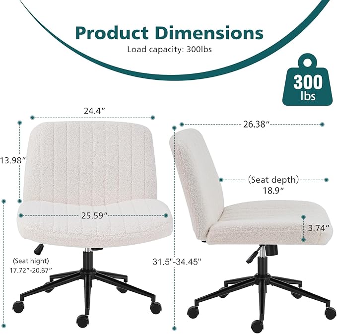 Criss Cross Office Chair with Wheels, Teddy Fleece Armless Vanity Chair, Wide Seat, Height Adjustable Swivel Desk Chair, Beige - Image 2
