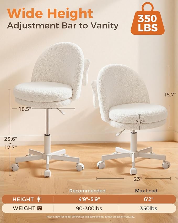 Tall Office Chair with Wheels, Adjustable Vanity Desk Chair with Back, Ergonomic Armless Computer Chair, Bow Lumbar Pillow, Swivel Task Chair - Image 2