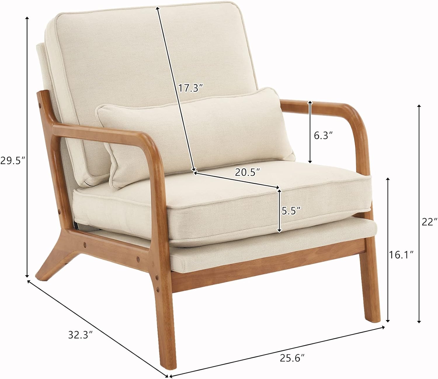 home Mid-Century Accent Reading Chairs Set of 2, Beige | Linen Upholstered, Solid Wood Frame, Soft Cushion, Lumbar Pillow, Lounge Armchair for Living Room, Bedroom, Balcony, Study - Image 2