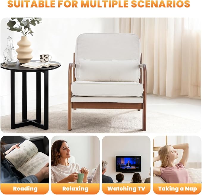 Mid Century Modern Accent Chair, Armchair with Lumbar Pillow and Waist Cushion, Solid Wood Frame Lounge Chair for Living Room, Bedroom, Reading Nook, Small Apartment Corner, Ivory White - Image 3