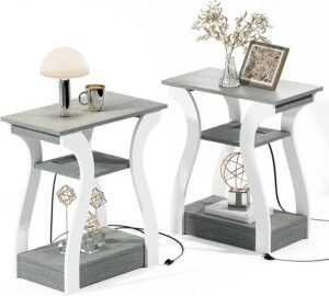 Set of 2 End Tables with Charging Station Grey
