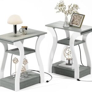 Set of 2 End Tables with Charging Station Grey