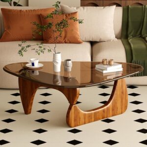 Mid Century Modern Coffee Table with Glass Top & Wood Frame, 36 Inch Brown Walnut Center Table for Living Room, Stylish Modern Accent Furniture