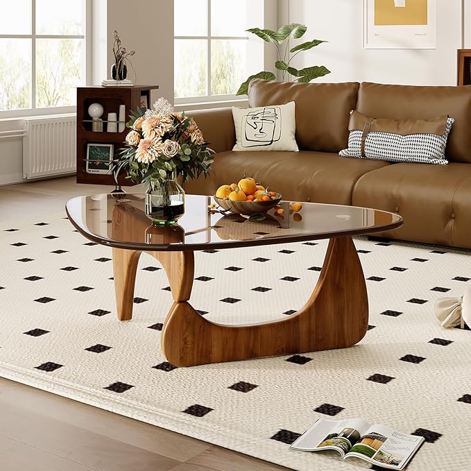 Mid Century Modern Coffee Table with Glass Top & Wood Frame, 36 Inch Brown Walnut Center Table for Living Room, Stylish Modern Accent Furniture - Image 3