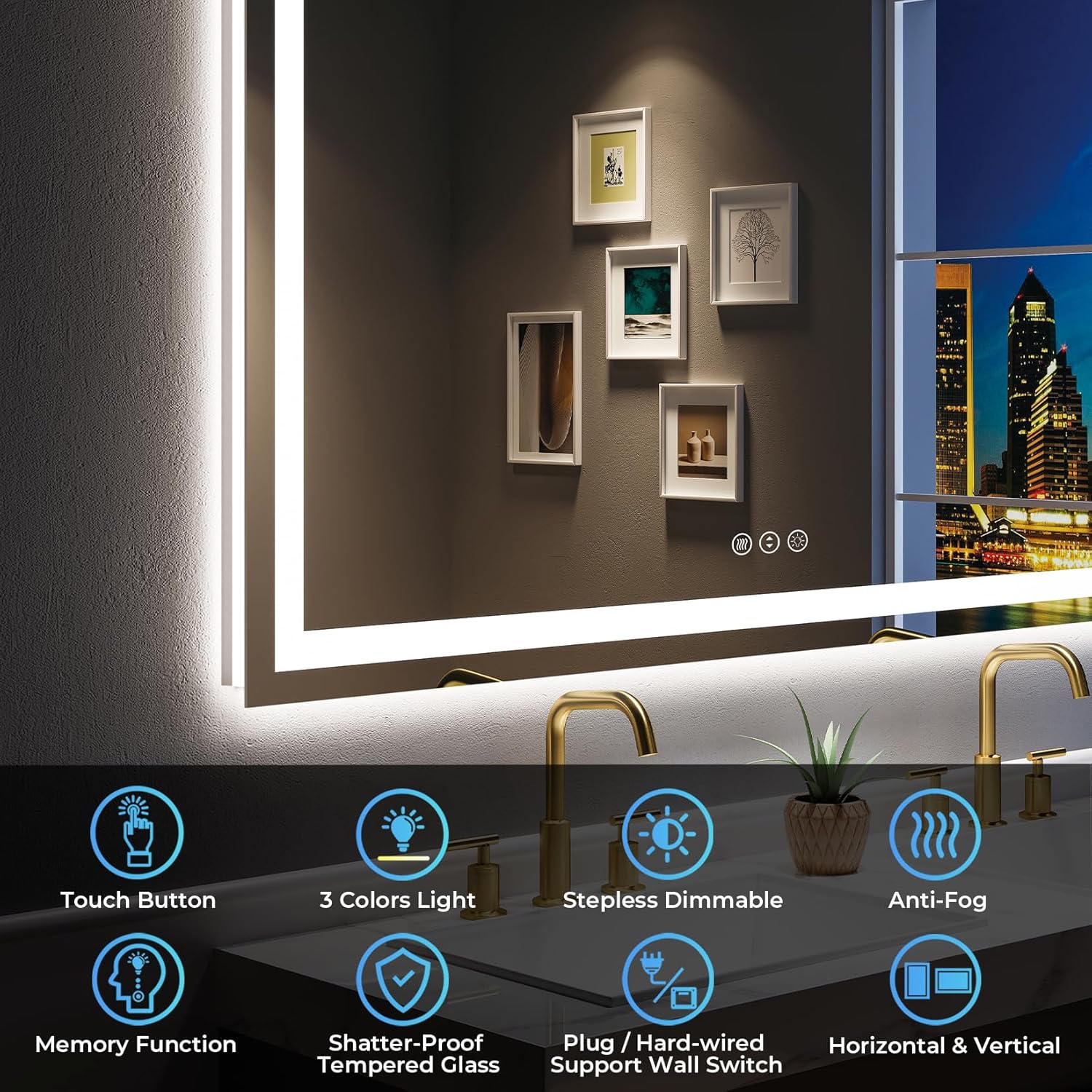 60x36 Inch LED Bathroom Mirror with Lights Front and Backlit Lighted Vanity Mirror for Bathroom Wall with 3 Colors Dimmable Anti-Fog Memory Shatter-Proof IP54 Waterproof Horizontal/Vertical - Image 2