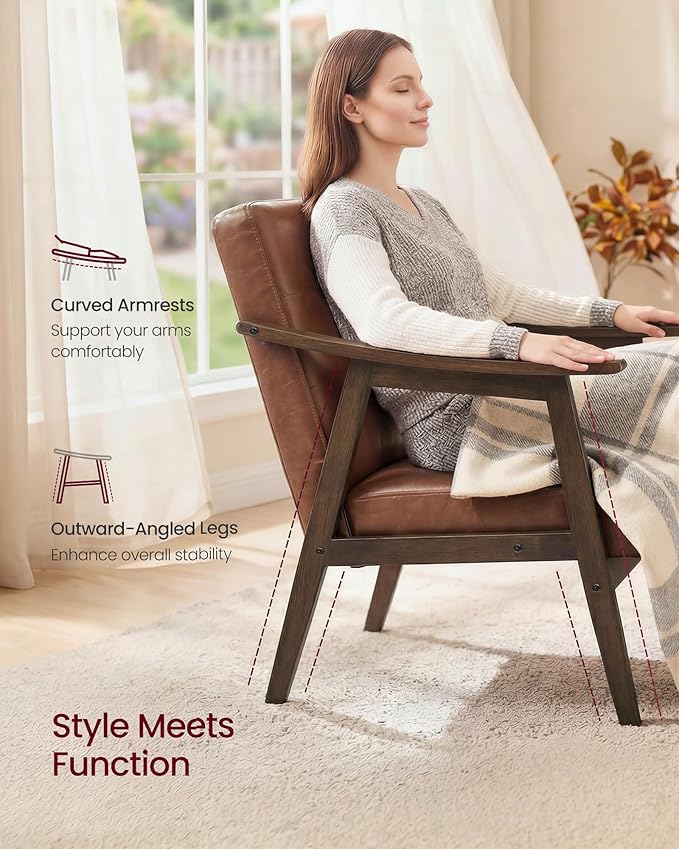 Accent Chair, PU Leather Armchair, Button Tufted Living Room Chair, Thick Cushion, Mid Century Modern Lounge Seating for Bedroom, Reading Nook, Home Office, Brown - Image 3