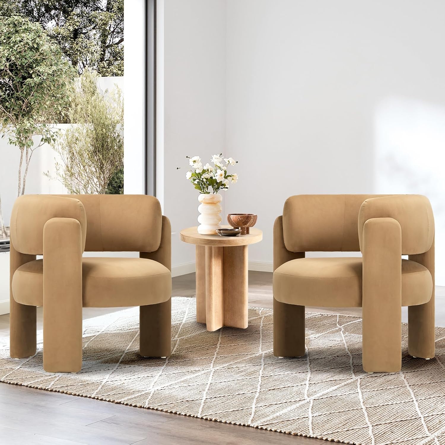 Modern Velvet Accent Chairs Set of 2, Upholstered Barrel Chairs, Comfy Side Arm Chairs with 3 Legs for Living Room, Bedroom, Reading, Khaki