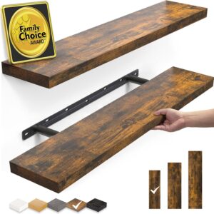 Floating Shelves Set of 2, 22.5 inches Farmhouse Rustic Wood Wall Mounted Shelves for Bathroom, Bedroom, Living Room or Kitchen, Hanging Shelf Decor Book with 22lbs Capacity, Rustic Brown