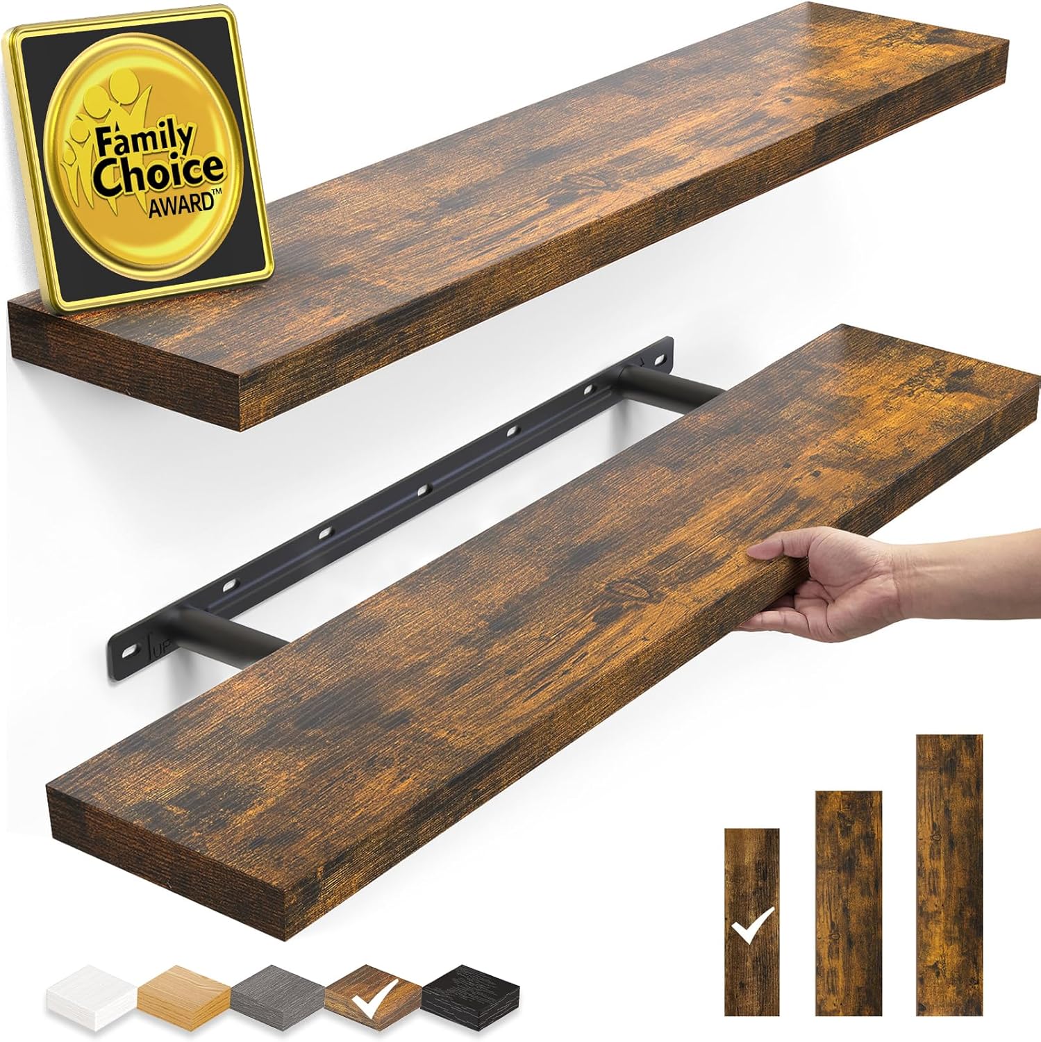 Floating Shelves Set of 2, 22.5 inches Farmhouse Rustic Wood Wall Mounted Shelves for Bathroom, Bedroom, Living Room or Kitchen, Hanging Shelf Decor Book with 22lbs Capacity, Rustic Brown