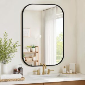 24" x 36" Bathroom Vanity Mirror for Wall, Black | Metal Framed, HD Tempered Glass, Rounded Rectangle Shape, for Over Sink, Bedroom, Entryway, Living Room, Vertical/Horizontal