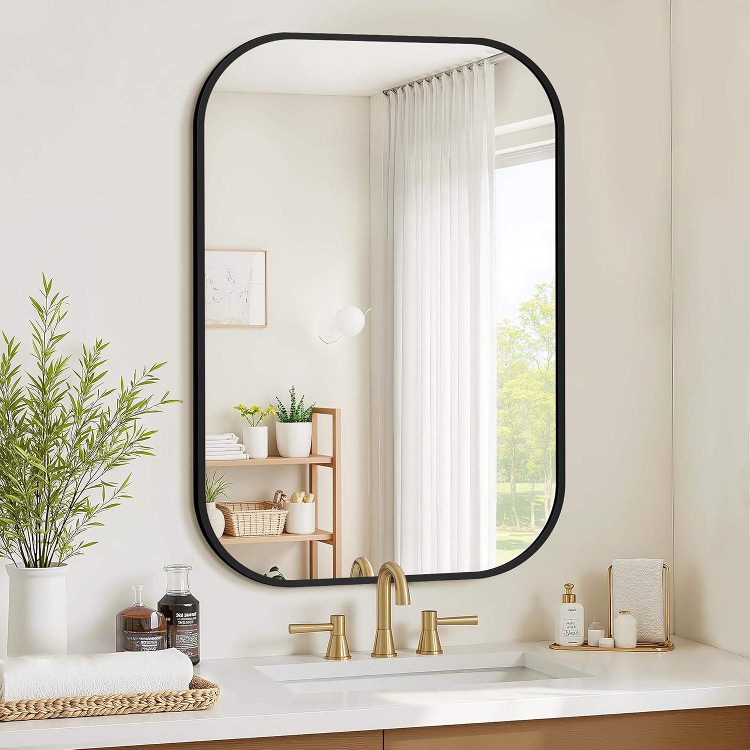 24" x 36" Bathroom Vanity Mirror for Wall, Black | Metal Framed, HD Tempered Glass, Rounded Rectangle Shape, for Over Sink, Bedroom, Entryway, Living Room, Vertical/Horizontal