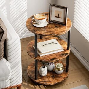Small Round Coffee Table, 3-Tier Accent Side Table, Industrial Vintage Nightstand with Storage Shelves, Rustic Brown End Table for Bedroom, Living Room & Small Spaces