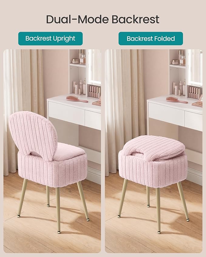 Small Vanity Chair with Storage & Folding Back, Faux Fur Makeup Stool, Padded Ottoman Footrest, Dressing Table Chair for Bedroom & Vanity Room, Jelly Pink - Image 3