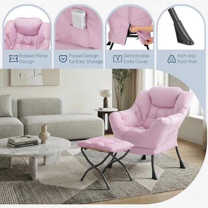 Lazy Chair with Foldable Ottoman, Modern Accent Lounge Chair, Armchair with Folding Footrest & Side Pocket, Reading Chair for Living Room, Bedroom, Dorm, Pink - Image 2