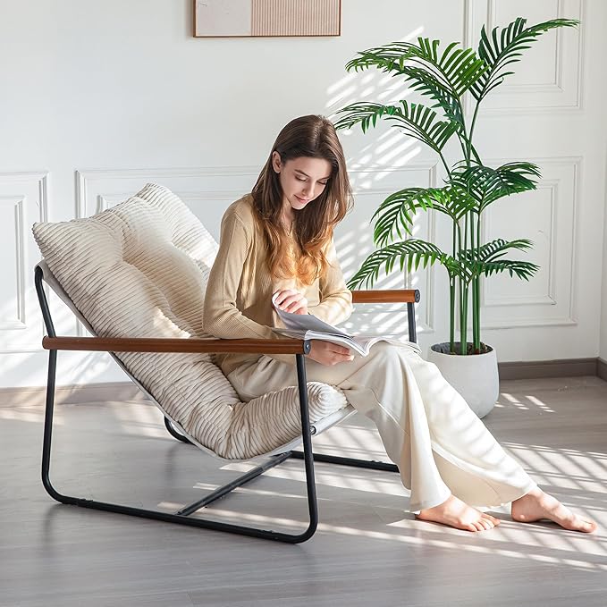 Modern Accent Chair, Comfy Living Room Chair with Metal Frame | Accent Chair Upholstered Armchair with Soft Cushion for Bedroom Balcony Lounge Reading Room, Beige - Image 2