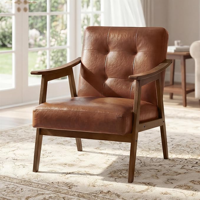 Accent Chair, PU Leather Armchair, Button Tufted Living Room Chair, Thick Cushion, Mid Century Modern Lounge Seating for Bedroom, Reading Nook, Home Office, Brown