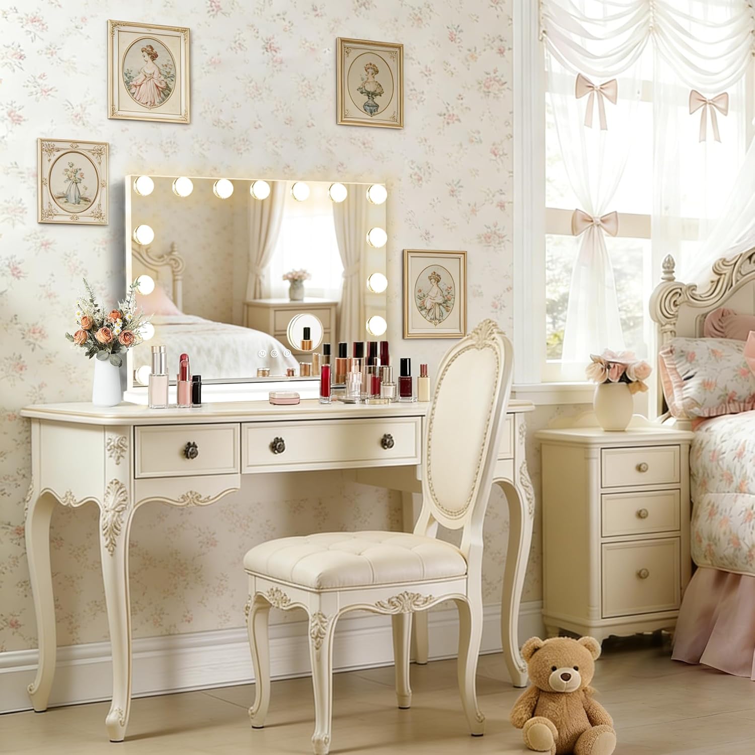 Ratsamee Hollywood Vanity Mirror with Lights, 23" x 18", 15 Dimmable Bulbs, 3 Color Lights, Make Up Lighted Mirror, USB Charging Port, Gifts for Women Wife Teengirls White - Image 2