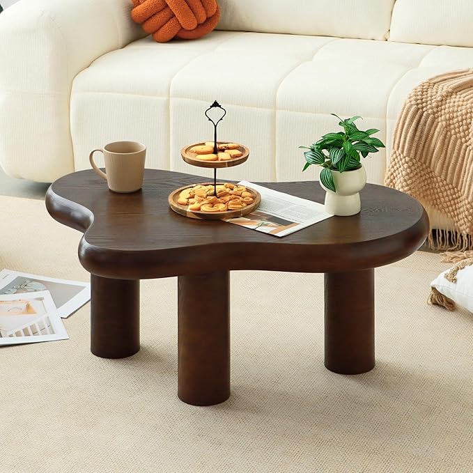 34 Inch Cloud Coffee Table, Modern Wood Center Table with 3-Leg Design, Walnut Accent Coffee Table for Living Room, Bedroom, Balcony & Patio