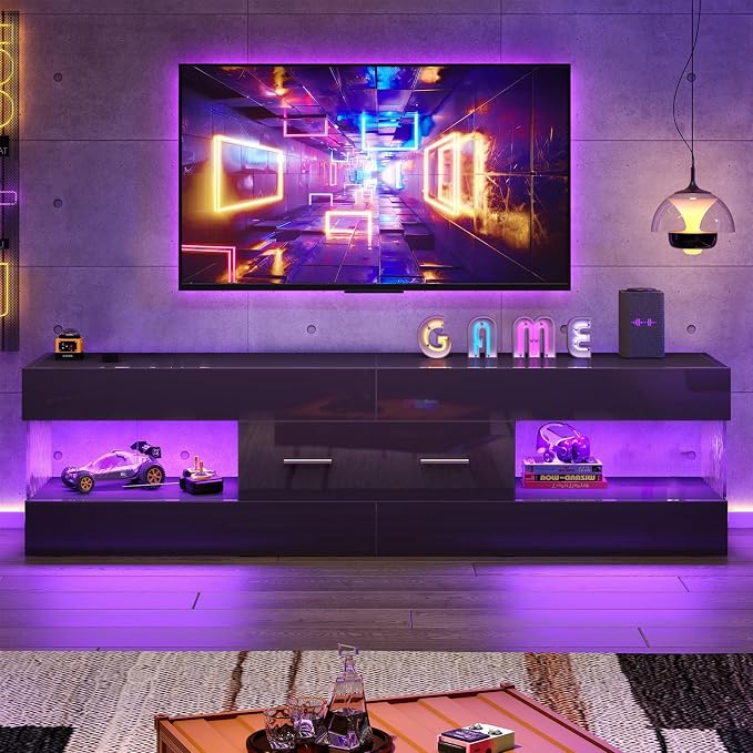 60 Inch Modern TV Stand for TVs Up to 65 Inch, LED Entertainment Center with Drawer, High Gloss Stone Pattern Media Console, Open Shelves & 7-Color LED Lights, Black - Image 3