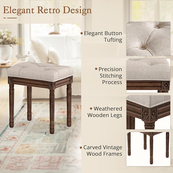 pholstered Fabric Vanity Bench Seat, Makeup Stools for Vanity, Square Tufted Ottoman Bench with Carved Dark Brown Legs for Bedroom Living Room, Linen Color - Image 3