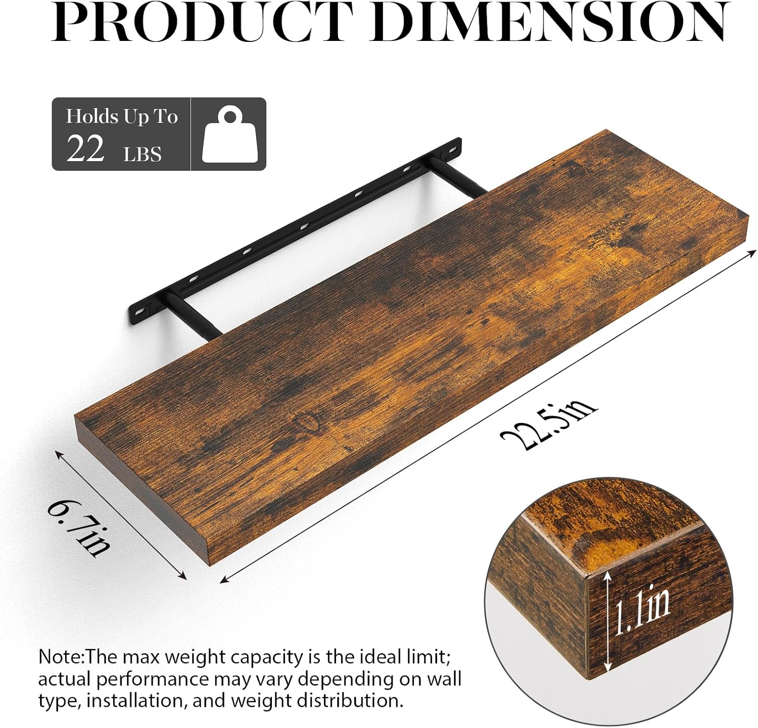 Floating Shelves Set of 2, 22.5 inches Farmhouse Rustic Wood Wall Mounted Shelves for Bathroom, Bedroom, Living Room or Kitchen, Hanging Shelf Decor Book with 22lbs Capacity, Rustic Brown - Image 3