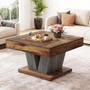 Square Coffee Table for Living Room, 31.5 Inch Modern Wood Center Table, Rustic Brown & Black Cocktail Accent Table for Home Apartment