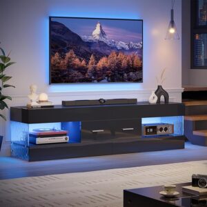 60 Inch Modern TV Stand for TVs Up to 65 Inch, LED Entertainment Center with Drawer, High Gloss Stone Pattern Media Console, Open Shelves & 7-Color LED Lights, Black