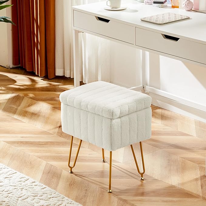 Vanity Stool Chair with Storage, Faux Fur Ottoman, Soft Padded Makeup Seat, Metal Legs, Adjustable Anti-Slip Feet, White Footrest for Bedroom & Entryway - Image 2