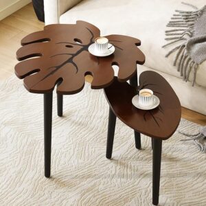 Monstera Leaf Nesting Tables Set of 2, Modern Wooden Side Tables with Leaf Vein Pattern, Small Coffee Tables for Living Room, Bedroom, Apartment & Balcony
